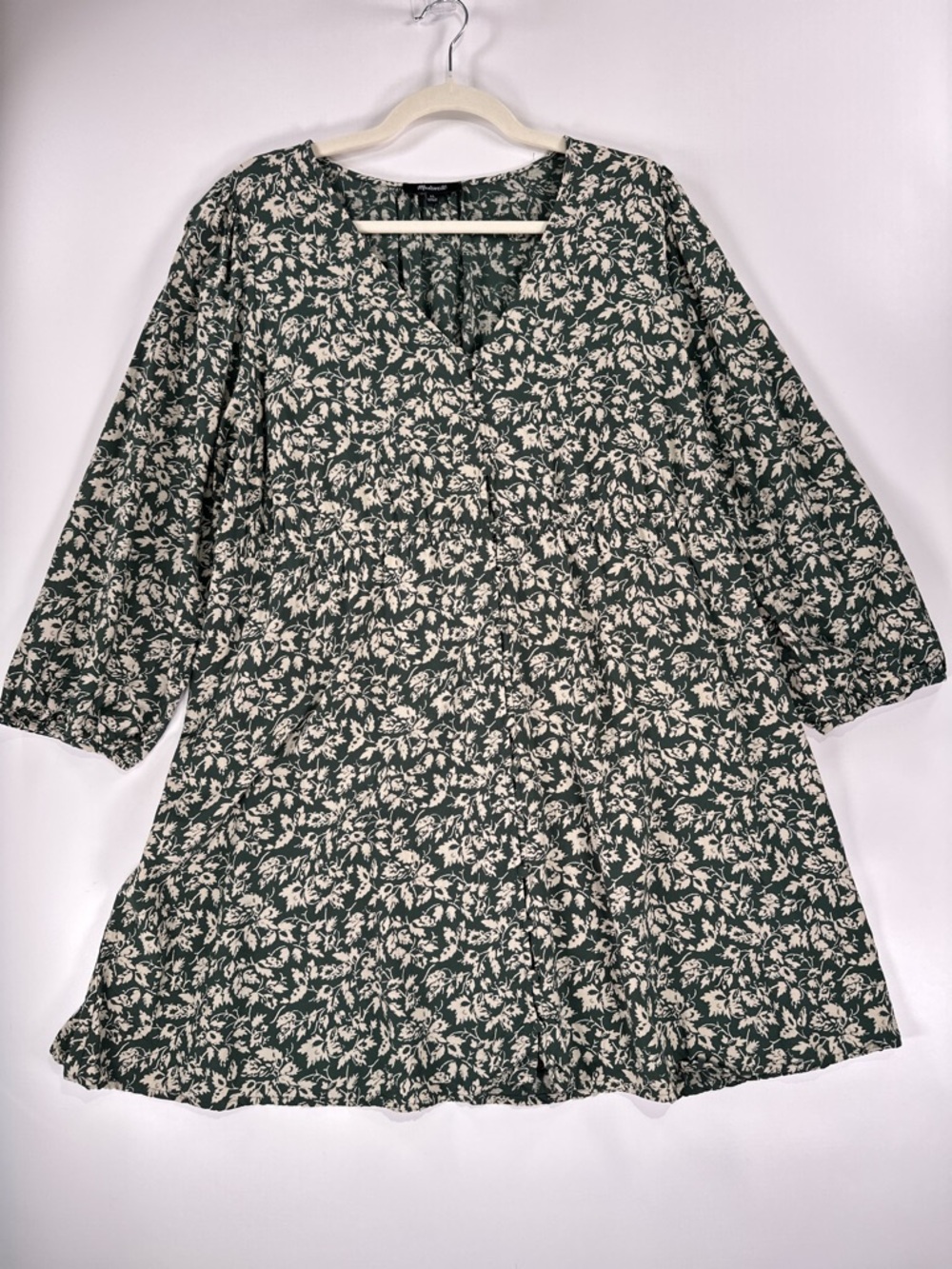 Madewell Tiered Mini Dress XL Dark Green Floral Babydoll - Picture 2 of 11
